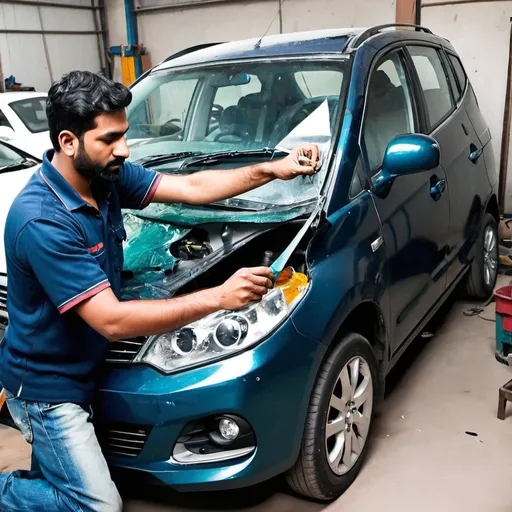 Prompt: car glasss repair, Indian mechanic