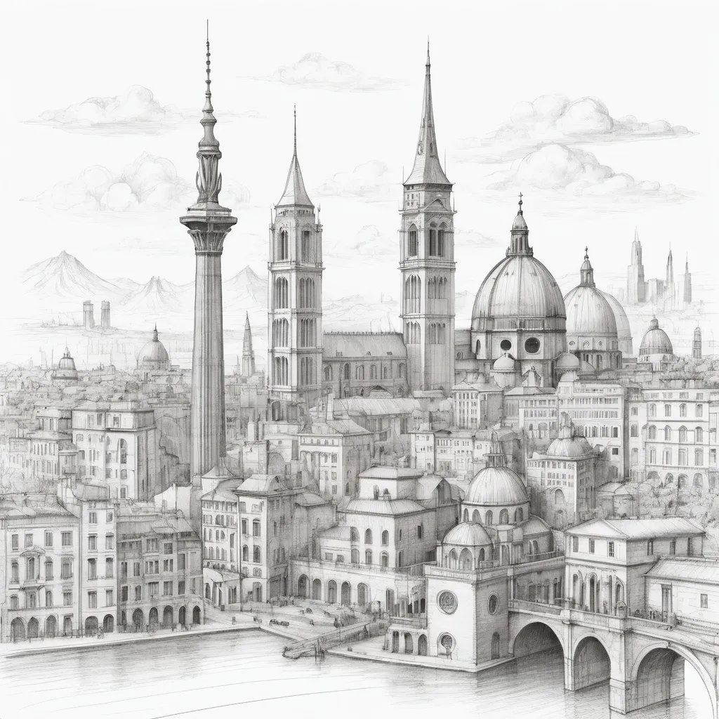 Prompt: line drawing the style of Leonardo da Vinci of a city sketch of famous landmarks 