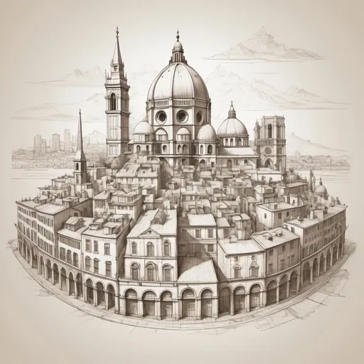 Prompt: line drawing the style of Leonardo da Vinci of a city sketch of famous landmarks 