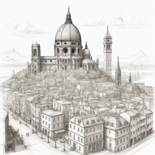 Prompt: line drawing the style of Leonardo da Vinci of a city sketch of famous landmarks 