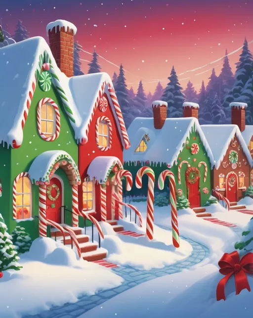 Prompt: Whimsical illustration of Candy Cane Lane, vibrant green and bold red, festive holiday setting, charming gingerbread houses with candy details, snowy winter scene, high quality, detailed illustration, festive, bright colors, candy cane lane, winter wonderland, whimsical, holiday cheer, snowy landscape, cheerful atmosphere, professional, atmospheric lighting
