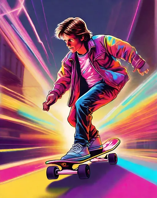 Prompt: A retro 80s portrait of Marty McFly skateboarding, with light trails suggesting movement. Bright neon colors, sun flares, inspired by Back to the Future movie posters. Nostalgic, high energy mood.