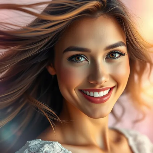 Prompt: (beautiful woman), striking features, radiant smile, flowing hair, graceful pose, captivating allure, with vibrant colors, soft lighting, ethereal background, dreamy atmosphere, high detail, ultra-detailed, sense of serenity and warmth, bringing out elegance and charm, inviting presence, enchanting portrayal, perfect skin tone, flawless natural makeup.