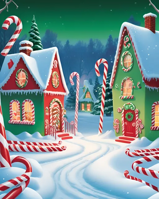 Prompt: Whimsical illustration of Candy Cane Lane, vibrant green and bold red, festive holiday setting, charming gingerbread houses with candy details, snowy winter scene, high quality, detailed illustration, festive, bright colors, candy cane lane, winter wonderland, whimsical, holiday cheer, snowy landscape, cheerful atmosphere, professional, atmospheric lighting
