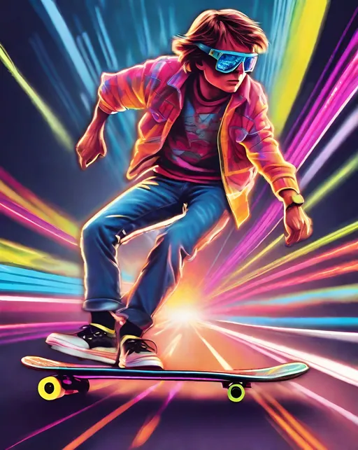 Prompt: A retro 80s portrait of Marty McFly skateboarding, with light trails suggesting movement. Bright neon colors, sun flares, inspired by Back to the Future movie posters. Nostalgic, high energy mood.