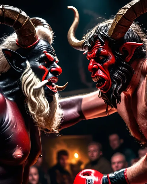 Prompt: Sinterklaas vs Krampus wrestling match, detailed facial features, oil painting, intense action, high contrast, dynamic composition, traditional vs dark folklore, vibrant colors, dramatic lighting, 4k, ultra-detailed, oil painting, intense action, wrestling match, powerful expressions, traditional vs dark, vibrant colors, dramatic lighting
