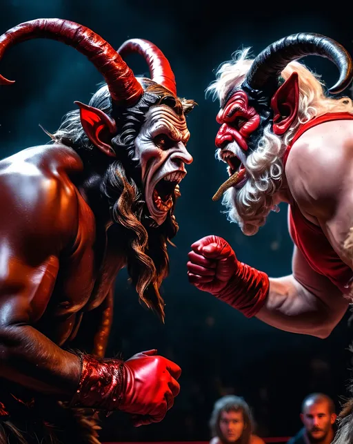 Prompt: Sinterklaas vs Krampus wrestling match, detailed facial features, oil painting, intense action, high contrast, dynamic composition, traditional vs dark folklore, vibrant colors, dramatic lighting, 4k, ultra-detailed, oil painting, intense action, wrestling match, powerful expressions, traditional vs dark, vibrant colors, dramatic lighting
