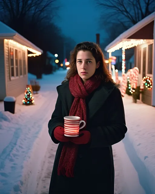 Prompt: **(In the style of Gregory Crewdson)**, a young woman walks down a deserted **Candy Cane Lane**, illuminated by the warm glow of Christmas lights. Each lamppost is adorned with a giant, swirling **candy cane**, casting fantastical shadows on the snow. The woman holds a steaming mug of **hot chocolate**, her breath forming frosty clouds in the crisp air. A sense of anticipation and **surprise** hangs in the air, as if she's about to encounter something magical. **Time of day:** Evening. **Camera:** Leica M6, 35mm Summicron lens.