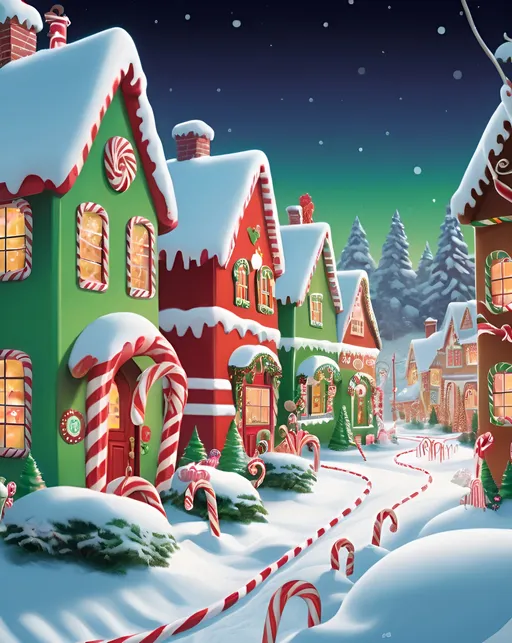 Prompt: Whimsical illustration of Candy Cane Lane, vibrant green and bold red, festive holiday setting, charming gingerbread houses with candy details, snowy winter scene, high quality, detailed illustration, festive, bright colors, candy cane lane, winter wonderland, whimsical, holiday cheer, snowy landscape, cheerful atmosphere, professional, atmospheric lighting
