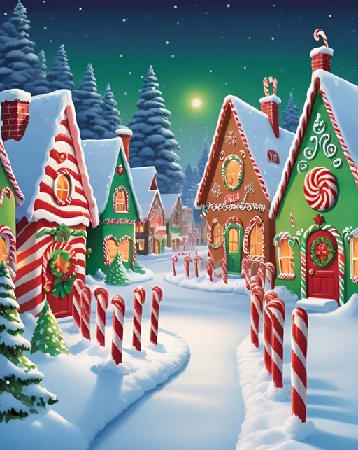 Prompt: Whimsical illustration of Candy Cane Lane, vibrant green and bold red, festive holiday setting, charming gingerbread houses with candy details, snowy winter scene, high quality, detailed illustration, festive, bright colors, candy cane lane, winter wonderland, whimsical, holiday cheer, snowy landscape, cheerful atmosphere, professional, atmospheric lighting
