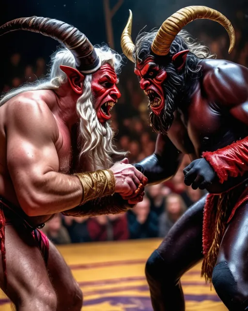 Prompt: Sinterklaas vs Krampus wrestling match, detailed facial features, oil painting, intense action, high contrast, dynamic composition, traditional vs dark folklore, vibrant colors, dramatic lighting, 4k, ultra-detailed, oil painting, intense action, wrestling match, powerful expressions, traditional vs dark, vibrant colors, dramatic lighting
