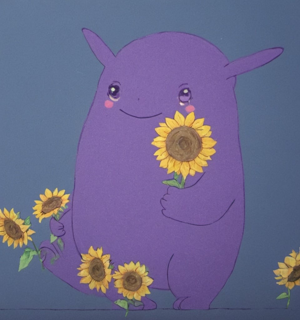 Prompt: Purple very fatty sluglord standing up with sunflowers in hand