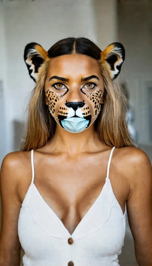 Prompt: Realistic, candid photograph of a beautiful woman, genetic virus infection, dramatic transformation, developing cheetah-like features, cheetah-like ears, cheetah-like eyes, increasingly obvious cheetah-like muzzle, naturally lit apartment, high quality, realistic, dramatic, genetic virus, cheetah transformation, candid, detailed features, apartment setting, natural lighting