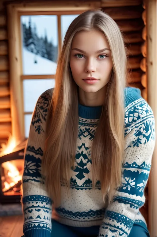 Prompt: Extremely beautiful Scandinavian woman, detailed extremely long hair, flawless skin, detailed eyes, natural beauty, form-fitting seasonal sweater, sweatpants, cozy modern log cabin interior background, winter season, realistic, professional photography, high quality, detailed, cozy atmosphere, long hair, Scandinavian, detailed eyes, flawless skin, natural beauty, seasonal sweater, sweatpants, modern log cabin, winter season, professional photography, realistic, cozy atmosphere