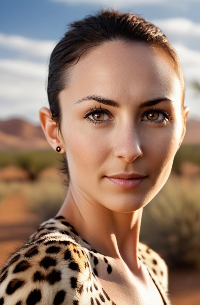 Prompt: Realistic, surreal woman with altered cheetah features, detailed altered facial features, gradually becoming more cheetah in appearance, changing facial structure, spreading detailed fur, increasingly cheetah like ears, outdoor setting, bright natural lighting, high-resolution, detailed eyes, professional, altered physique, animalistic beauty, detailed skin texture, surreal, outdoor scenery, wildlife, realistic lighting