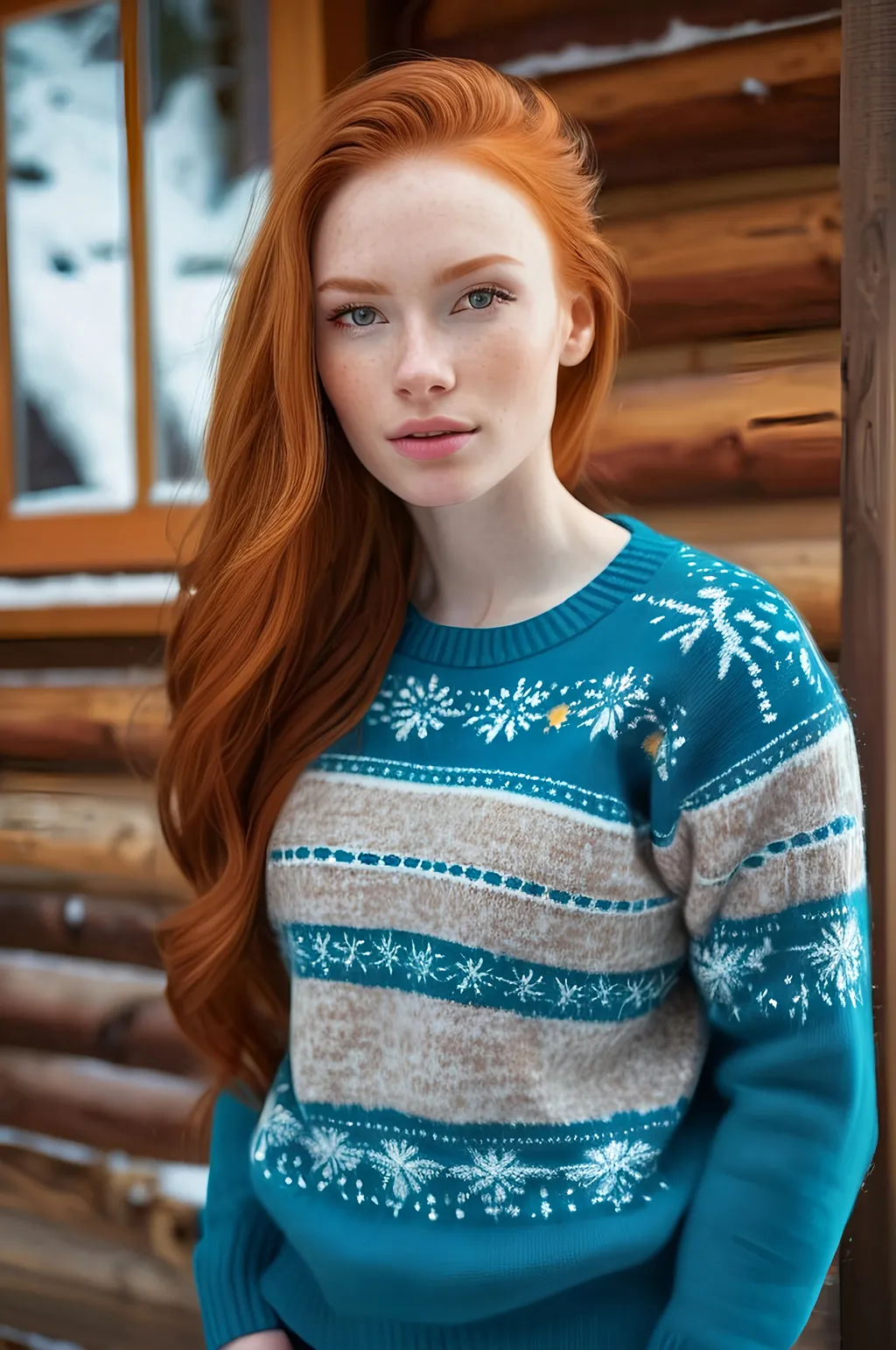 Prompt: Extremely beautiful woman, detailed extremely long ginger hair, flawless skin, detailed eyes, natural beauty, form-fitting seasonal sweater, cozy modern log cabin interior background, winter season, realistic professional photography, high quality, detailed, realistic, cozy, ginger, long hair, flawless skin, candid moment, modern log cabin, seasonal sweater, detailed eyes, natural beauty, professional photography, winter season, cozy lighting