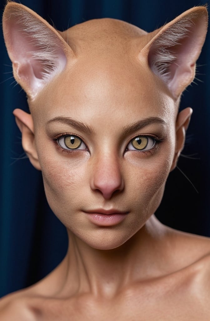 Prompt: human-cat hybrid woman, detailed furry skin, detailed facial features, human with detailed feline-like nose (nostrils), large feline-like ears, mesmerizing cat-like eyes with slit pupils, high quality, realistic, detailed skin texture, detailed eyes, human-cat hybrid, feline features, mesmerizing gaze, realistic fur, detailed nose, detailed ears, professional, lifelike lighting