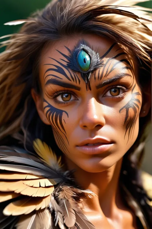 Prompt: Realistic candid photography of a weathered, tanned fantasy female explorer, cursed transformation into a Gryphon, detailed facial features, high-res, realistic, fantasy, cursed, gryphon transformation, candid, weathered skin, detailed eyes, mixed heritage, dramatic lighting, intense gaze, tanned skin, detailed feathers, transformation, professional photography