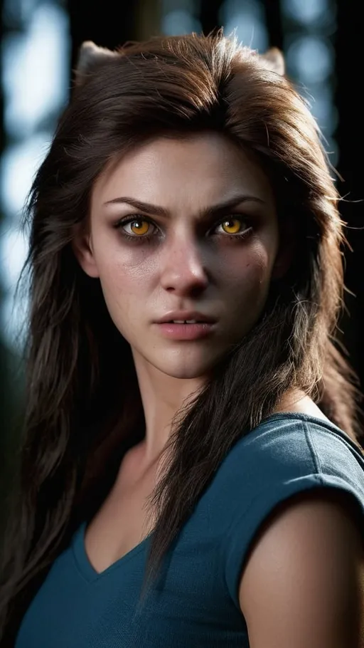 Prompt: Photorealistic woman undergoing werewolf transformation, detailed fur, casual friendly expression, wolf-like nose, wolf-like muzzle, wolf-like ears, wolf-like eyes, slit pupils, detailed fur, detailed eyes, high quality, photorealistic, fantasy, dynamic lighting, gradual transformation, detailed eyes, realistic fur texture, ultra-detailed, photorealistic, cinematic lighting, detailed shadows