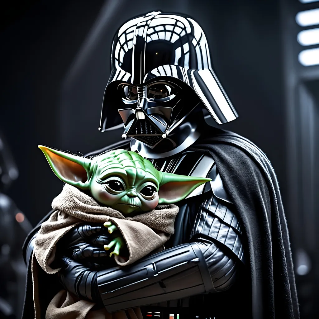 Prompt: Darth Vader holding Baby Yoda, distressed expression, cinematic illustration, high-resolution, realistic, emotional, Star Wars, dark tones, dramatic lighting, detailed armor, Force choke, epic scene, tears streaming, cinematic, intense emotion