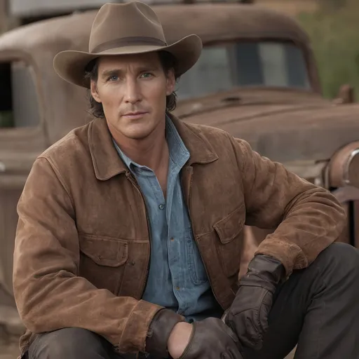 Prompt: image for album cover, ultra Lifelike 3D render of a rough looking, 80 year old, Matthew McConaughey, 1957 Chevrolet truck, ultra-real, realistic, humanlike, 4k, detailed 3D shadows, zoomed in on his weathered work gloves, professional 3D rendering, vintage, dusty atmosphere, detailed facial features, worn-out denim, leather textures, authentic cowboy hat, warm earthy tones, natural lighting