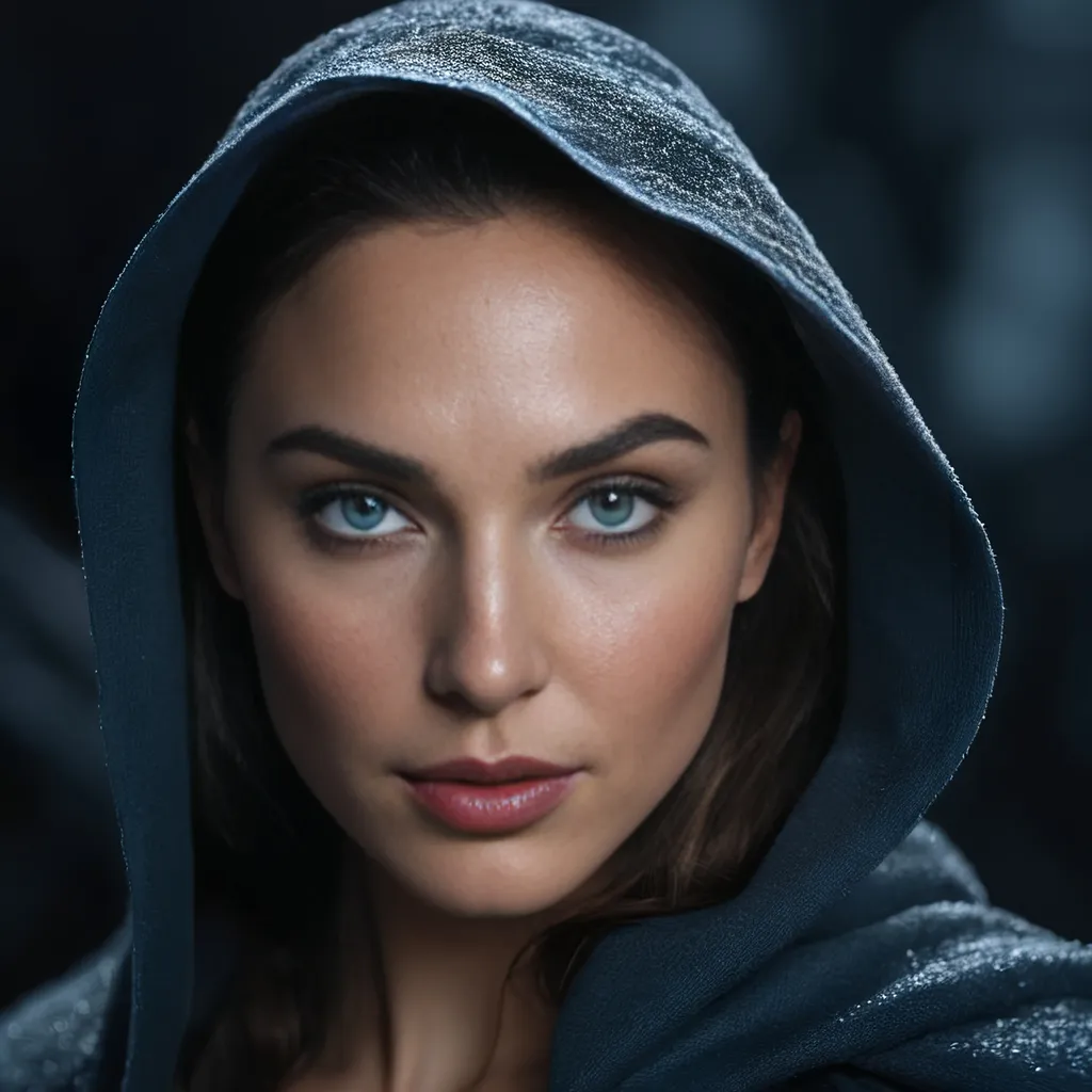 Prompt: 8k, RAW photo, highest quality, hyperrealistic, Gal Gadot, a mysterious lady with piercing glacier blue eyes, shrouded with dark aura, haunting, minimal lighting, dark, depth of field, highly detailed
