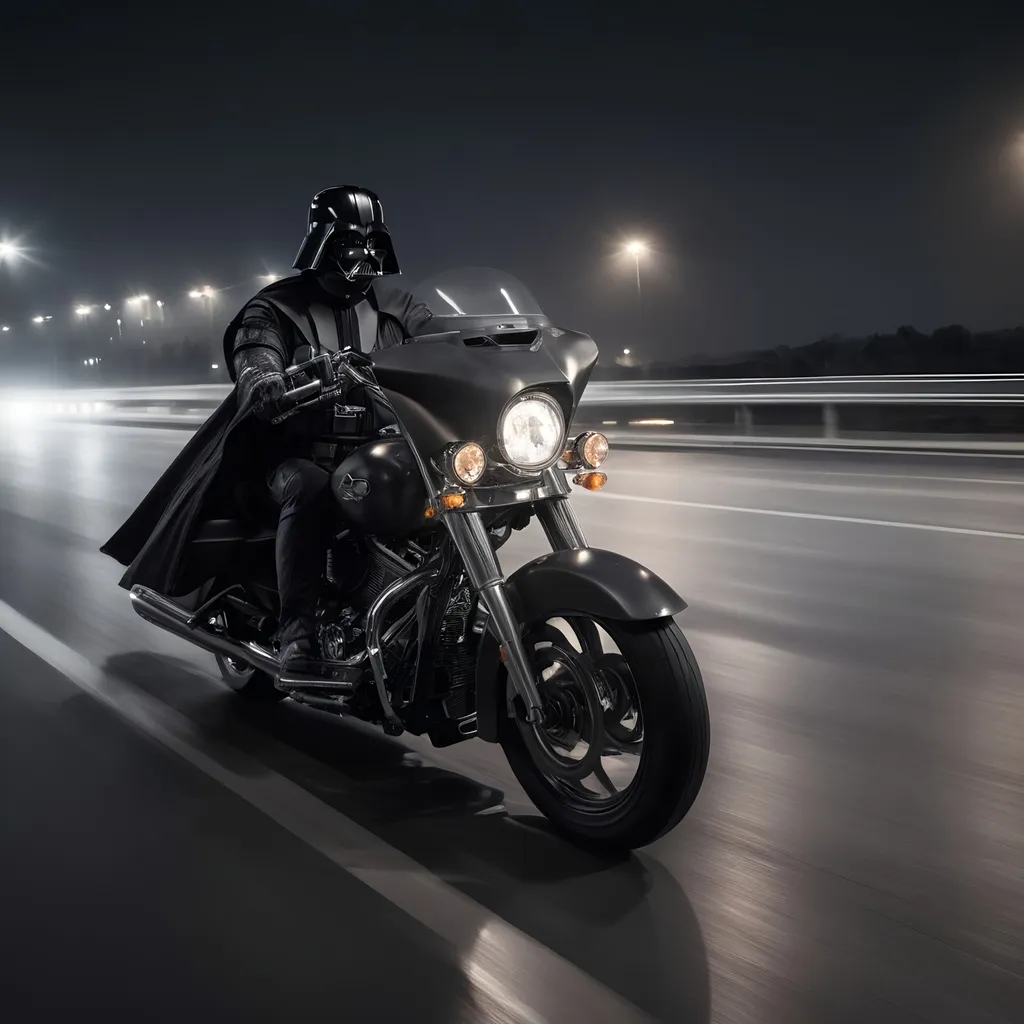 Prompt: Darth Vader riding black Harley Davidson Road King on the autobahn, white Lamborghini in the background, high speed, detailed costume, realistic, cinematic, dark tones, powerful presence, futuristic highway, urban landscape, intense lighting, high quality, realistic, detailed motorbike, iconic character, professional, atmospheric lighting