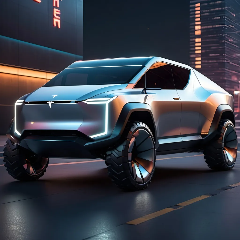 Prompt: Tesla cyber truck redesign, sleek futuristic design, polished metallic finish, aggressive stance, high-quality rendering, cool and edgy style, cyberpunk, urban setting, atmospheric neon lighting, advanced technology, futuristic cityscape, glossy reflections, high-tech feel, ultra-detailed, 4k resolution, professional rendering, modern, sleek lines, powerful presence