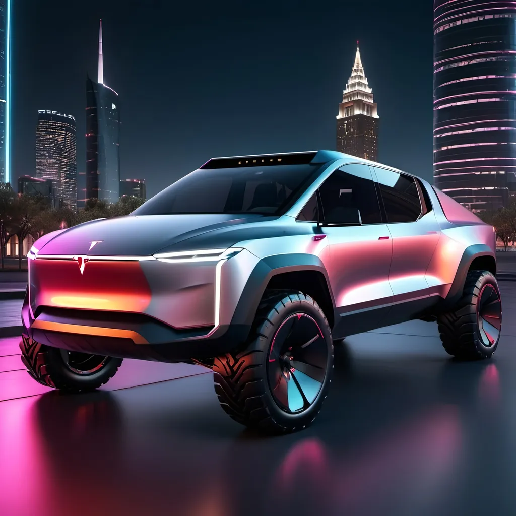 Prompt: Tesla cyber truck redesign, sleek futuristic design, polished metallic finish, aggressive stance, high-quality rendering, cool and edgy style, cyberpunk, urban setting, atmospheric neon lighting, advanced technology, futuristic cityscape, glossy reflections, high-tech feel, ultra-detailed, 4k resolution, professional rendering, modern, sleek lines, powerful presence