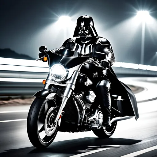 Prompt: Darth Vader riding black Harley Davidson Road King on the autobahn, white Lamborghini in the background, high speed, detailed costume, realistic, cinematic, dark tones, powerful presence, futuristic highway, urban landscape, intense lighting, high quality, realistic, detailed motorbike, iconic character, professional, atmospheric lighting