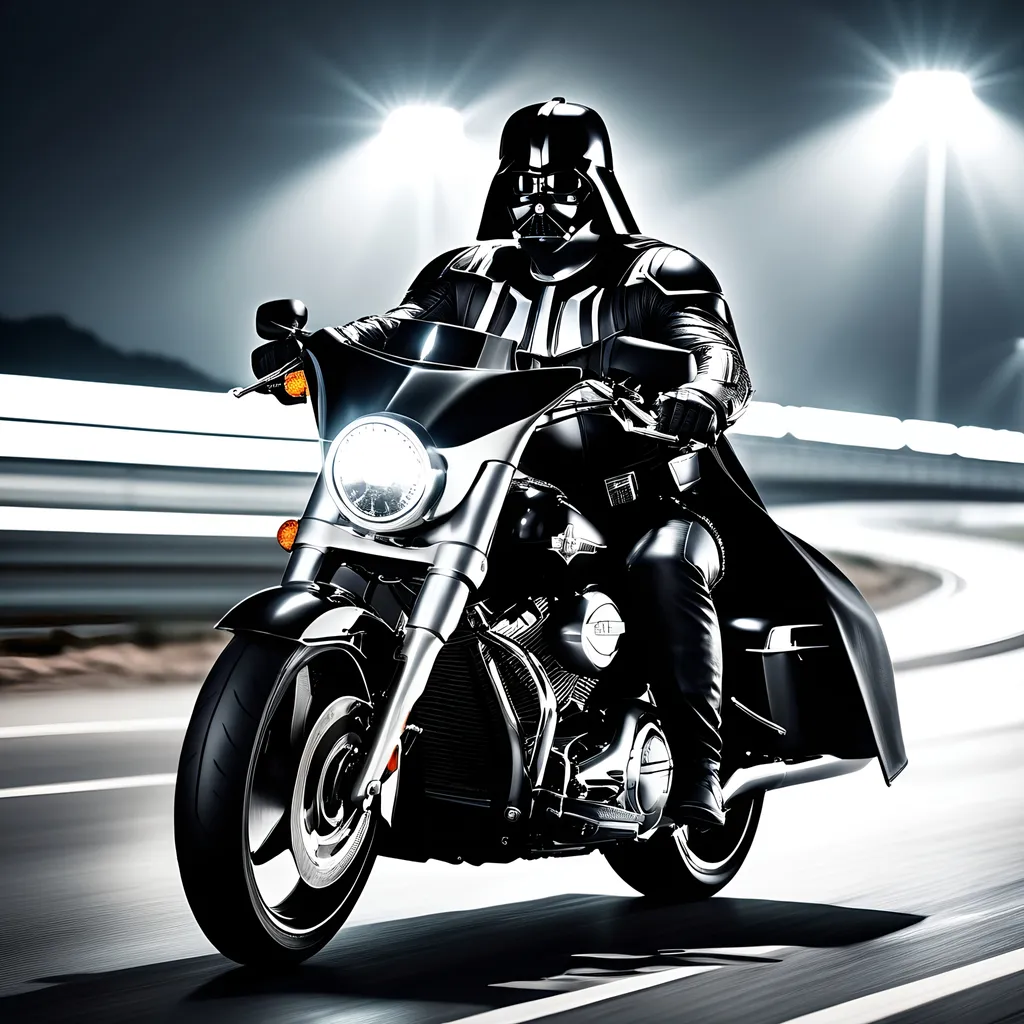 Prompt: Darth Vader riding black Harley Davidson Road King on the autobahn, white Lamborghini in the background, high speed, detailed costume, realistic, cinematic, dark tones, powerful presence, futuristic highway, urban landscape, intense lighting, high quality, realistic, detailed motorbike, iconic character, professional, atmospheric lighting