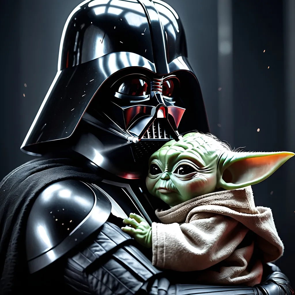 Prompt: Darth Vader holding Baby Yoda, distressed expression, cinematic illustration, high-resolution, realistic, emotional, Star Wars, dark tones, dramatic lighting, detailed armor, Force choke, epic scene, tears streaming, cinematic, intense emotion