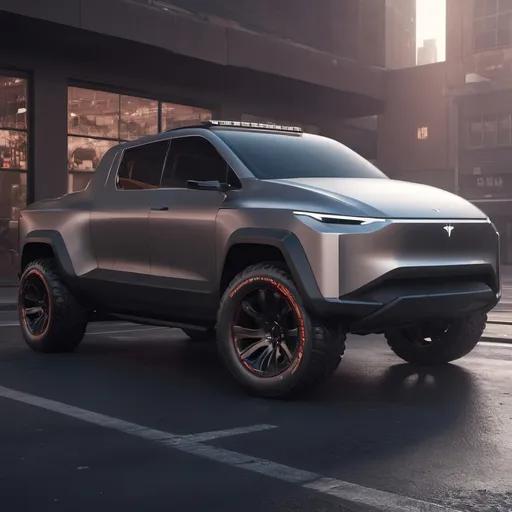 Prompt: Tesla cyber truck redesign, sleek futuristic design, polished metallic finish, aggressive stance, high-quality rendering, cool and edgy style, cyberpunk, urban setting, atmospheric neon lighting, advanced technology, futuristic cityscape, glossy reflections, high-tech feel, ultra-detailed, 4k resolution, professional rendering, modern, sleek lines, powerful presence