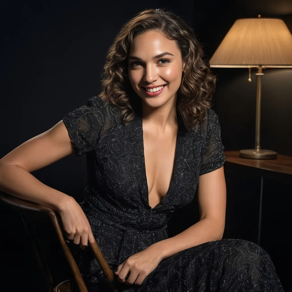 Prompt: HDR photo of Gal Gadot, spiral curls, long black, (freckles:0.6), beautiful low cut blouse, long skirt, sitting on a chair in a dark room, amazing smile, perfect eyes . High dynamic range, vivid, rich details, clear shadows and highlights, realistic, intense, enhanced contrast, highly detailed