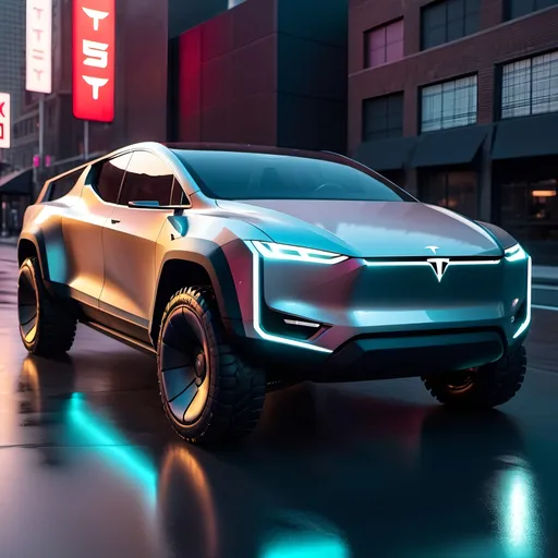 Prompt: Tesla cyber truck redesign, sleek futuristic design, polished metallic finish, aggressive stance, high-quality rendering, cool and edgy style, cyberpunk, urban setting, atmospheric neon lighting, advanced technology, futuristic cityscape, glossy reflections, high-tech feel, ultra-detailed, 4k resolution, professional rendering, modern, sleek lines, powerful presence