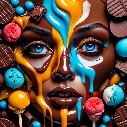 Prompt: contrasting elements of hot and cold, fun and serious, gorgeous and ugly, love and money, crazy and sane, high-quality, detailed illustration in a mix of surreal and realistic style, warm and cool tones, dramatic lighting, melting chocolate, ice cream, vibrant colors, rich textures, chaotic yet harmonious composition, expressive eyes, sensual and enigmatic atmosphere