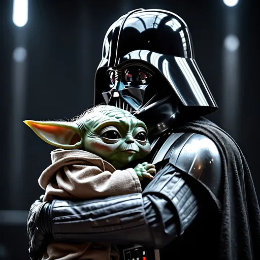 Prompt: Darth Vader holding Baby Yoda, distressed expression, cinematic illustration, high-resolution, realistic, emotional, Star Wars, dark tones, dramatic lighting, detailed armor, Force choke, epic scene, tears streaming, cinematic, intense emotion