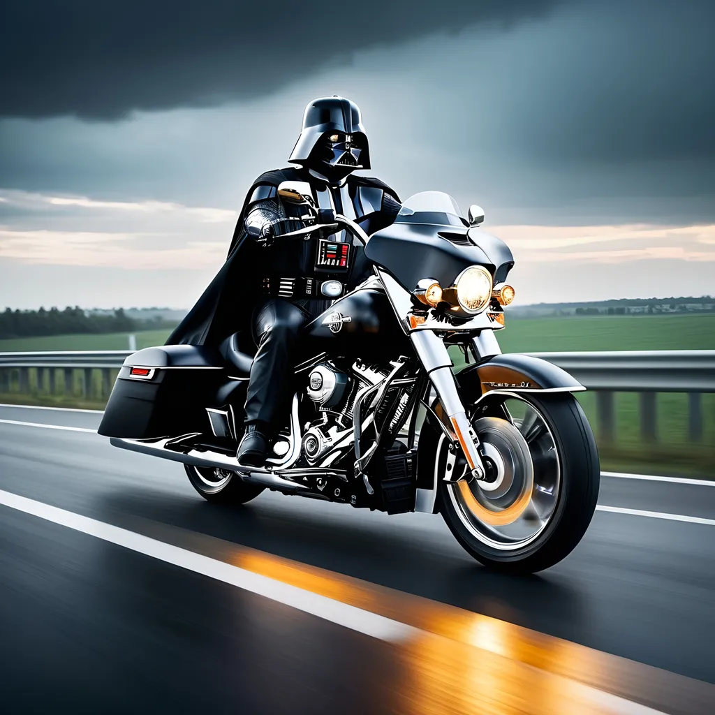 Prompt: Darth Vader riding black Harley Davidson Road King on the autobahn, white Lamborghini in the background, high speed, detailed costume, realistic, cinematic, dark tones, powerful presence, futuristic highway, urban landscape, intense lighting, high quality, realistic, detailed motorbike, iconic character, professional, atmospheric lighting