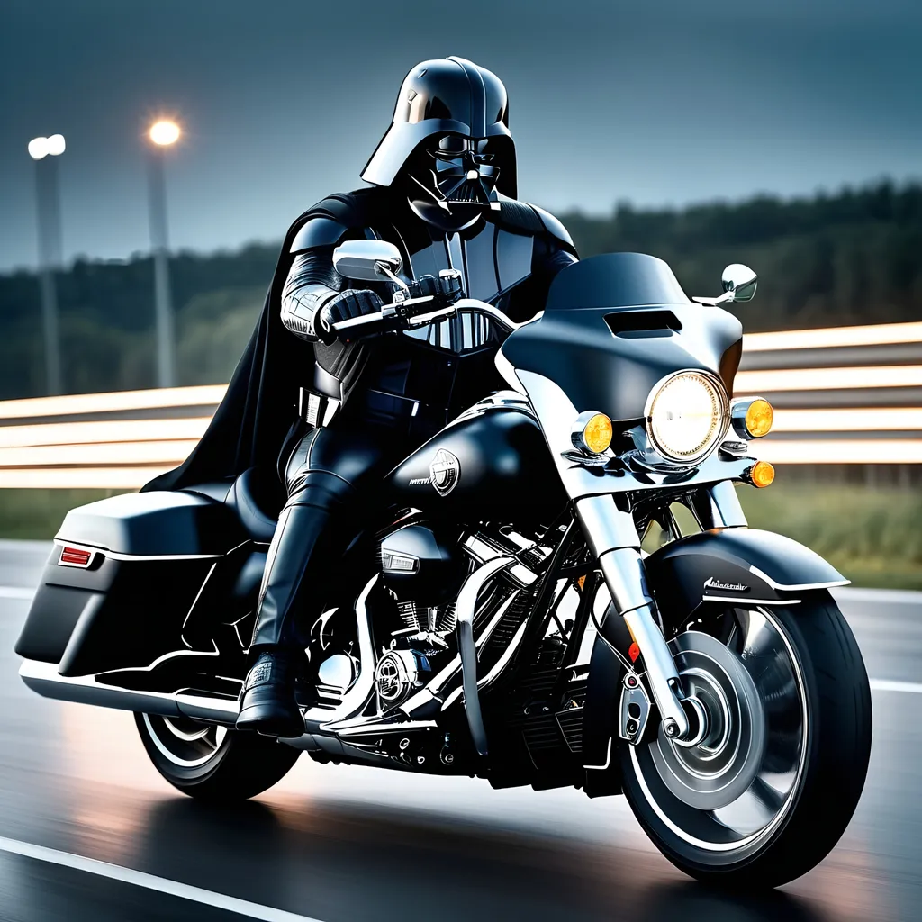 Prompt: Darth Vader riding black Harley Davidson Road King on the autobahn, white Lamborghini in the background, high speed, detailed costume, realistic, cinematic, dark tones, powerful presence, futuristic highway, urban landscape, intense lighting, high quality, realistic, detailed motorbike, iconic character, professional, atmospheric lighting