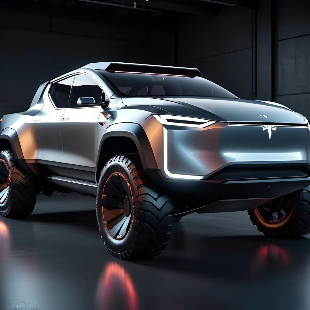 Prompt: Tesla cyber truck redesign, sleek futuristic design, polished metallic finish, aggressive stance, high-quality rendering, cool and edgy style, cyberpunk, urban setting, atmospheric neon lighting, advanced technology, futuristic cityscape, glossy reflections, high-tech feel, ultra-detailed, 4k resolution, professional rendering, modern, sleek lines, powerful presence