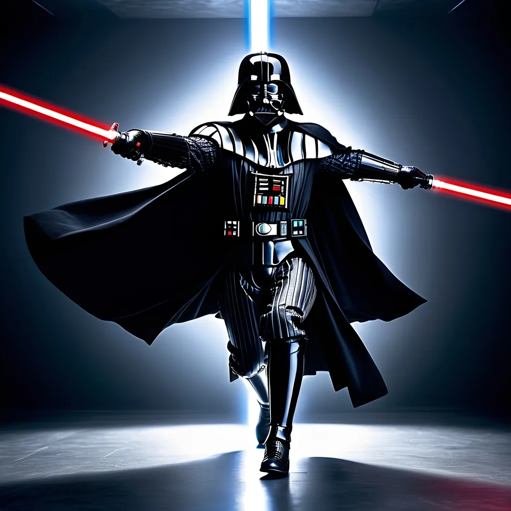 Prompt: Highly realistic, ultra real, lifelike, Darth Vader doing a cartwheel, detailed lightsaber, intense facial expression, cinematic quality, dynamic pose, Star Wars, dark tones, dramatic lighting