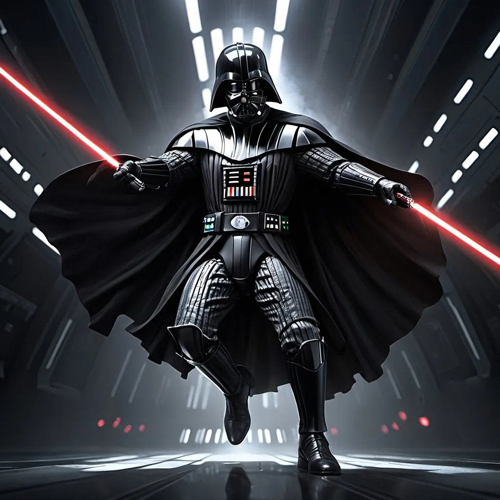 Prompt: Darth Vader mid-air heel tap, digital art, intense motion, cinematic lighting, high quality, dark and dramatic, Star Wars, futuristic setting, detailed cape and armor, highres, ultra-detailed, sci-fi, action-packed, powerful stance, dynamic composition, professional lighting