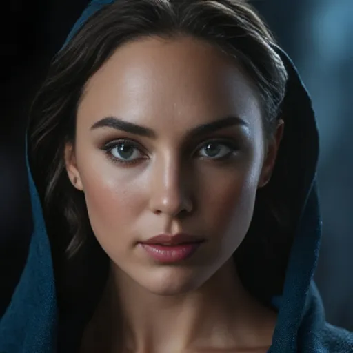 Prompt: 8k, RAW photo, highest quality, hyperrealistic, Gal Gadot, a mysterious lady with piercing glacier blue eyes, shrouded with dark aura, haunting, minimal lighting, dark, depth of field, highly detailed
