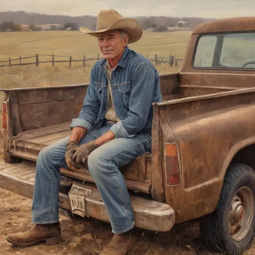 Prompt: Old cowboy sitting on back tailgate of a  1967 Chevy truck, wearing old worn out work gloves, country music album cover, barn in background, vintage oil painting, dusty rural setting, traditional cowboy hat, weathered denim, warm earth tones, nostalgic lighting, high quality, vintage, oil painting, country, rustic, traditional, rugged, detailed, warm tones, nostalgic atmosphere