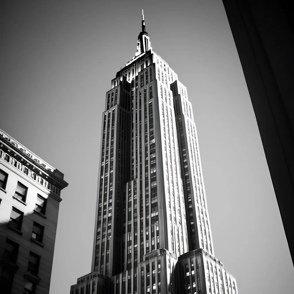 Prompt: 3D render of the Empire State Building in Andy Warhol's 'Empire' movie, 1964, 4k, ultra-detailed, 3D shadows, modern twist, monochrome, iconic landmark, cinematic atmosphere