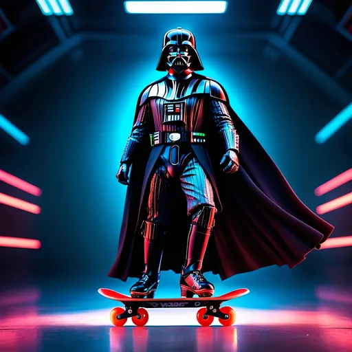 Prompt: (Darth Vader rollerskating), photorealistic, ultra-realistic, lifelike, detailed, realistic humanlike depiction, dramatic lighting, shadows, reflections, cinematic, intense, dark color palette, dynamic action pose, smooth and shiny skates, futuristic background, neon lights, intricate textures, 4K ultra-detailed, high definition.