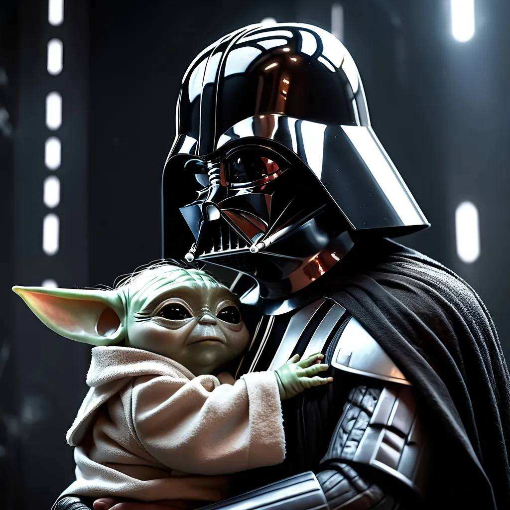 Prompt: Darth Vader holding Baby Yoda, crying, distressed expression, cinematic illustration, high-resolution, realistic, emotional, Star Wars, dark tones, dramatic lighting, detailed armor, Force choke, epic scene, tears streaming, cinematic, intense emotion