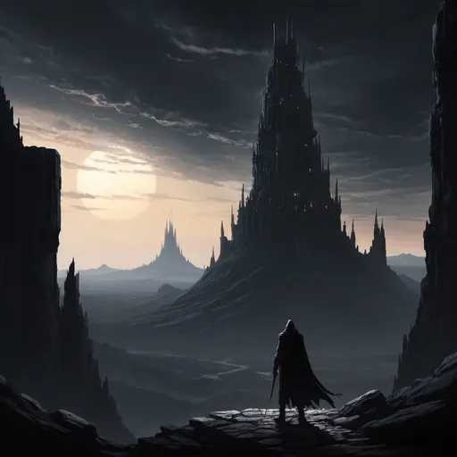 Prompt: dark black lone wanderer in the foreground; huge tower of trials in the background; light on top of the tower
