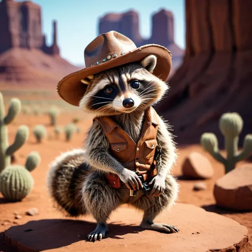 Prompt: realistic raccoon with a cowboy hat in the monument valley