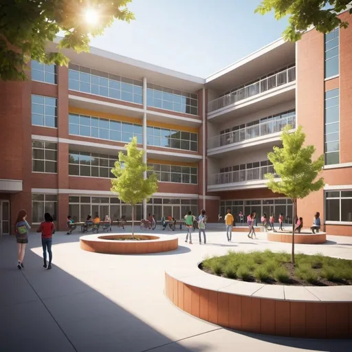 Prompt: Can you make a realistic picture of a high school building courtyard called INSPIRE Academy that focuses on STEM education with a modern look. Make the setting sunny and inviting with people of diffrent races engaging
